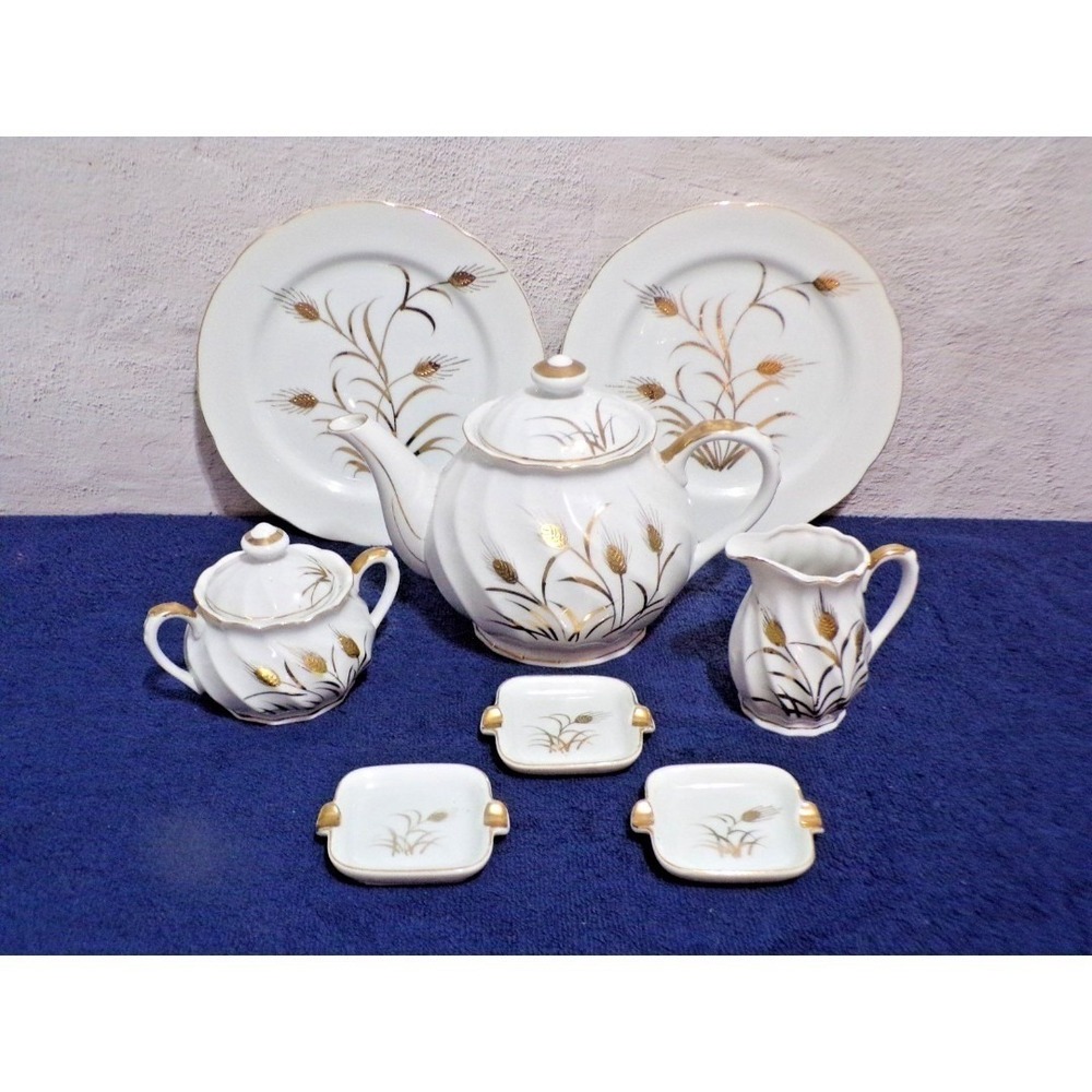 Lefton China Hand Painted & 24K Gold Teapot Salad Plt Cream & Sugar Ashtrays Set